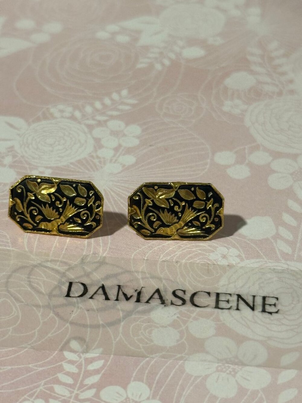 Vintage Earrings Damascene Pierced Post Love Birds Rectangle Posts 22k gold foil